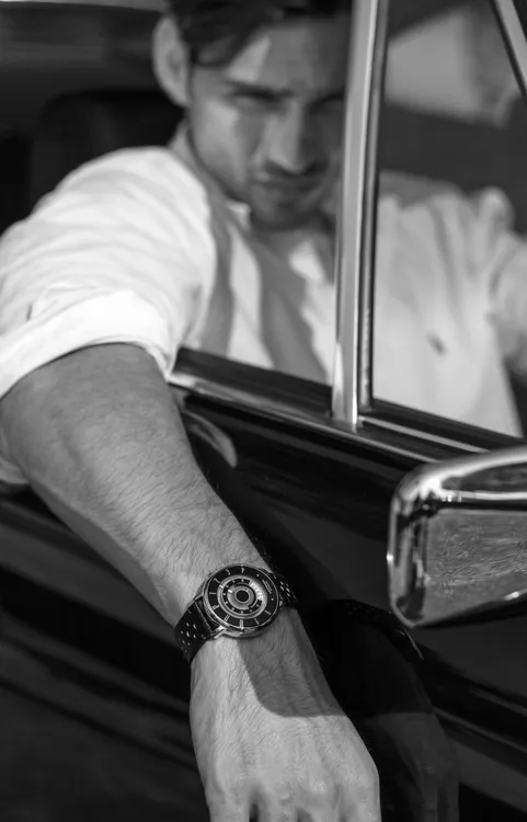 Lecronos wrist shot with racing-inspired dial